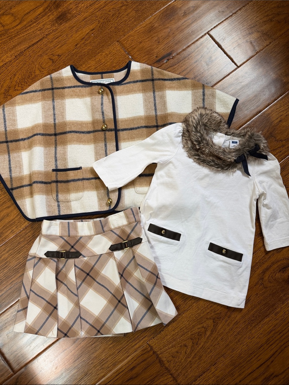 Girls Beige Plaid Cape & Cream Top Set with Faux Fur Collar with matching skirt